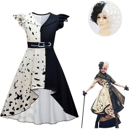 Children Cruella Cosplay Costume Kid Dress Belt Wig Outfits Halloween Carnival Suit For Kids Girls