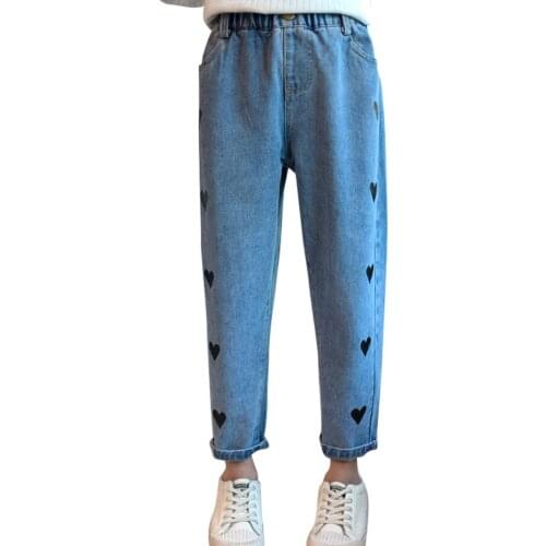 Big Girls Jeans Heart Pattern Kids Jeans Girls Spring Autumn Jeans For Children Casual Style Clothes For Girls 6 8 10 12 14