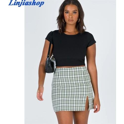 Elegant split mini skirt women side zipper summer high waist plaid short skirt femme vestidos