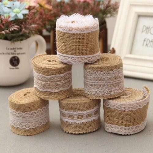 HOMEBEGIN 2M Jute Burlap Hessian Lace Ribbon Roll+White Lace Vintage Wedding Decoration Party Christmas Crafts Decoration
