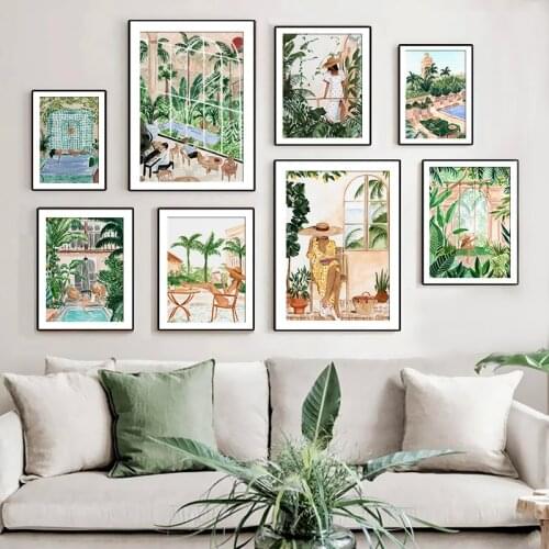 Beach Swimming Pool Moroccan Tropical Jungle Swing Meadow Canvas Painting Wall Art Poster and Print Pictures Living Room Decor