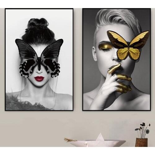 Creative Design Portrait Posters and Prints Wall Art Canvas Painting Makeup Fashion Girl with Butterfly Pictures for Living Room
