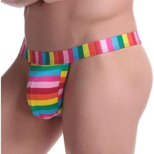 Male Underwear Thongs and G String Underpants Sexy Breathable Low Waist Jockstrap Thong Mens Striped Rainbow Thongs