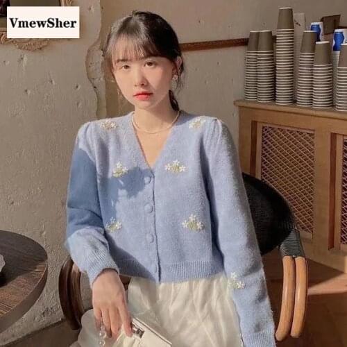 VmewSher New Sweet Floral Cardigan Vintage Stylish Short Knitted Sweater Coat Slim Fashion Long Sleeve Outerwear Crop Tops