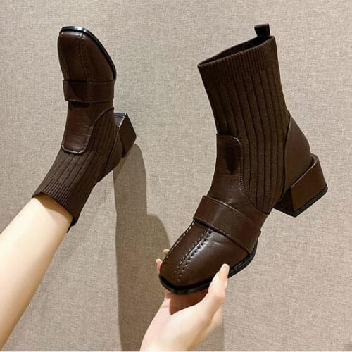 Autumn Ankle Boots Womens Chunky Heel Korean-Style Semi-High Heeled Socks Boots Fashion British Short Tube Martens Boots