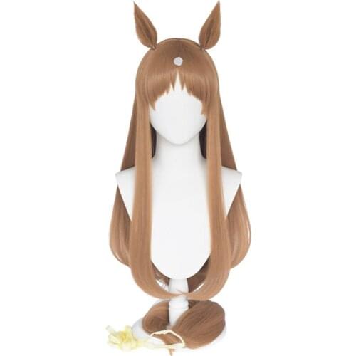 Uma Musume Grass Wonder Cosplay Wig Uma Musume Pretty Derby Brown Long Straight Wig with Bangs Ears Synthetic Hair