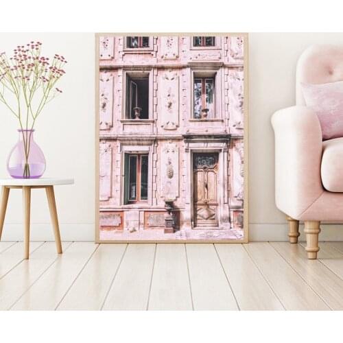 Paris Classic Architecture Print Pink Door Photo Blush Pink House French Building Canvas Painting Travel Photo Poster Wall Decor
