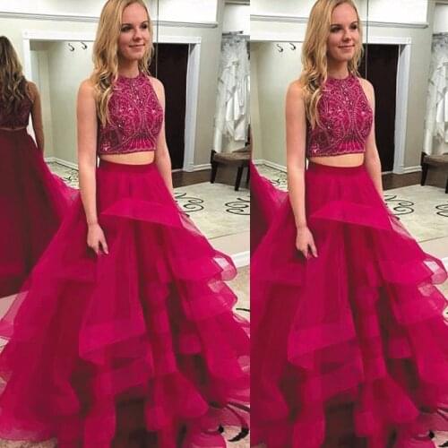 SuperKimJo 2 Piece Prom Dresses Long Beaded Hot Pink Crystals Sleeveless A Line Prom Gown 2020 Robe De Soiree