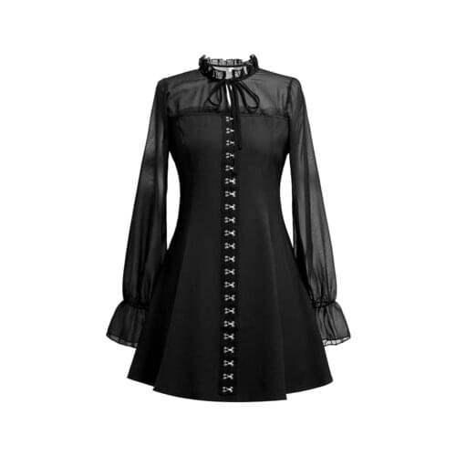 Ruibbit New Arrival Punk Gothic Retro Black Mini Dress Gothic Harajuku Bodycon Dress Mesh Long Sleeve Sexy Female Dresses
