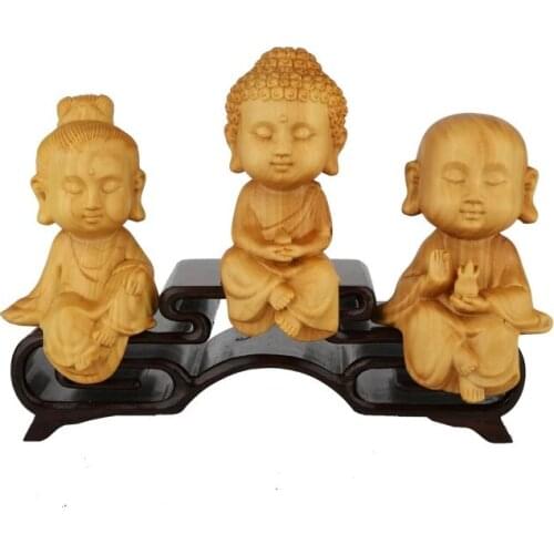 Western Three Gods Wood Carving Cute and Exquisite Crafts Buddha Statues Home Decorations