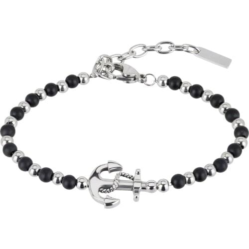 Runda Fashion Men And Women Beaded Bracelet Black Stone With Stainless Steel Bead Anchor Bracelet Jewelry Couple Holiday Gift