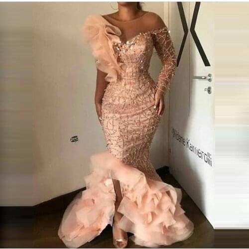 Sexy Sequin Prom Dresses Vintage Ruffles Tiered Formal Party Elegant Sheer Neck Gown Arabic Aso Ebi Muslim Evening Dresses
