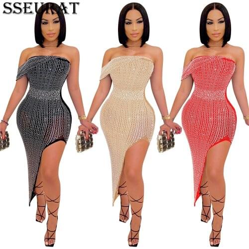 SSEURAT Rhinestones Mesh Sexy Bodycon Dresses for Women Party Club Outfits Asymmetric Thigh High Split Long Dress