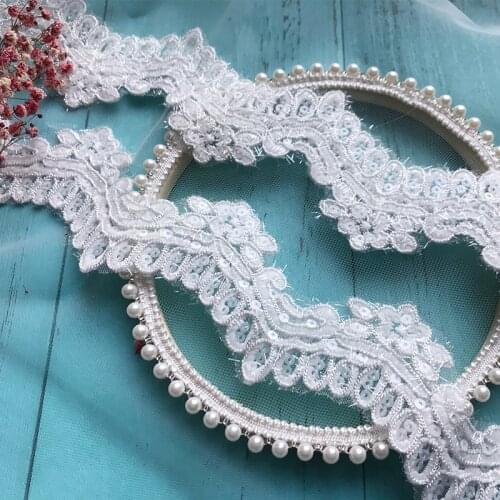Bridal White lace Trim Cream Sequins Alencon Corded Lace Trim Delicate Wedding Dresses DIY sewing Lace Accessories, 2 Yards
