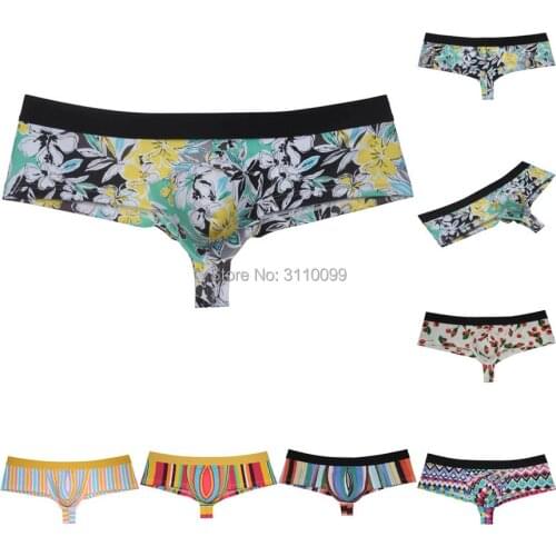 Mens Flowery Bulge Boxer Underwear Shiny 1/2 Coverage Cheeky Pouch Trunks Hot Bikini Boxers Shorts