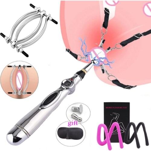 BDSM Electric Shock Vagina Pen Labia Clip G-spot Clit Stimulator Vagina Speculum Pussy Expander SM Adult Sex Toy For Women