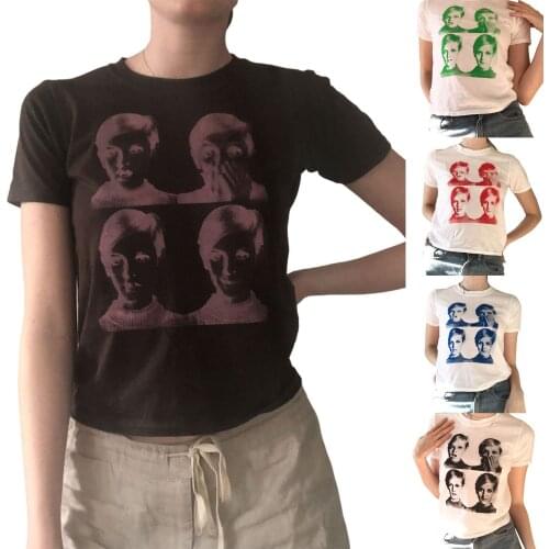 Women Summer Casual T-shirt Adults Portrait Print Round Neck Short Sleeve Pullover T-Shirt S-XL