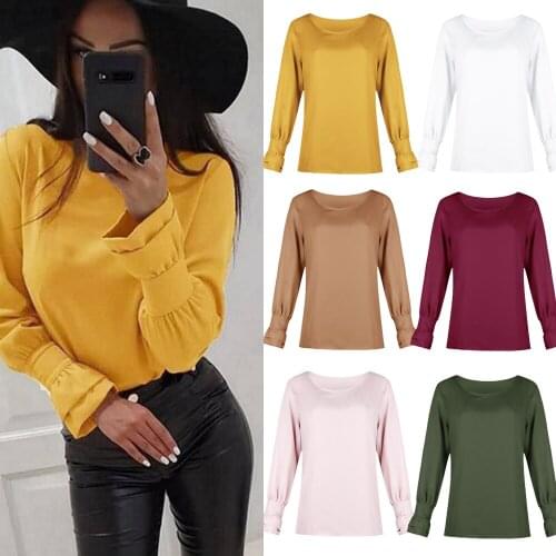 6 Colors Sexy Womens Long-sleeved Thin O-neck Wild Pleated Shirt Plus Size S-2XL Top Cloth christmas shirts