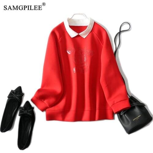 Festive Red Turn Down Collar Animal Pattern Cow Embroidery Space Cotton Women Fashion Sweatshirts 2021 New Autumn And Winter 4XL