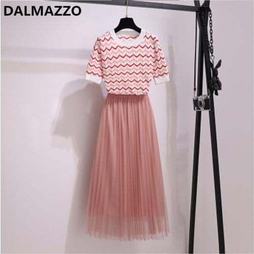 Womens Suit Clothes Striped Short T Shirt Tops + Mesh Long Skirt Conjunto 2021 Newest Summer Ladies Big Size two Pieces Sets