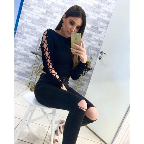 Hirigin Sexy Corp Top Fashion Bandage Women T Shirts Summer Top Pure Black Long Sleeve T Shirt Women 2019 New Outwear