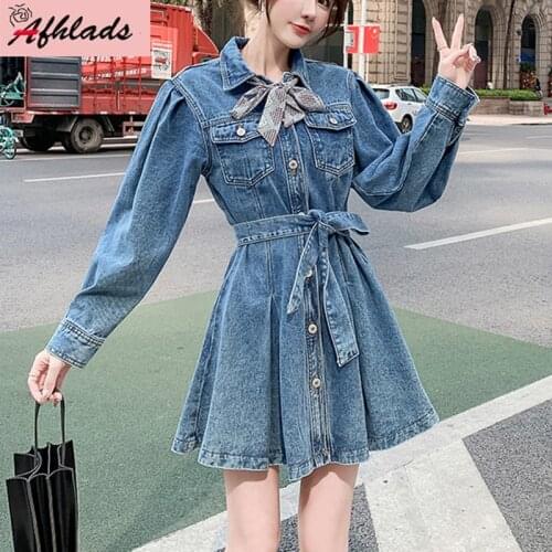 Blue Denim Dress Female 2021 New Korean Style High Waist Design Single-Breasted Turn-Down Collar Women Vestidos With Belt
