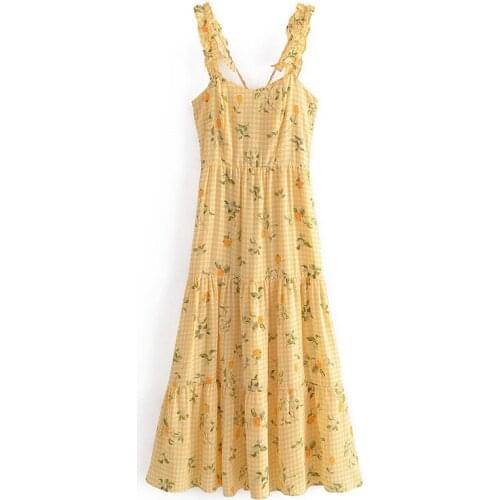 Evfer Women Elegant Lemon Print Spaghetti Strap Summer Yellow Long Dress Chic Girl Back Elastic High Waist Streetwear Dresses