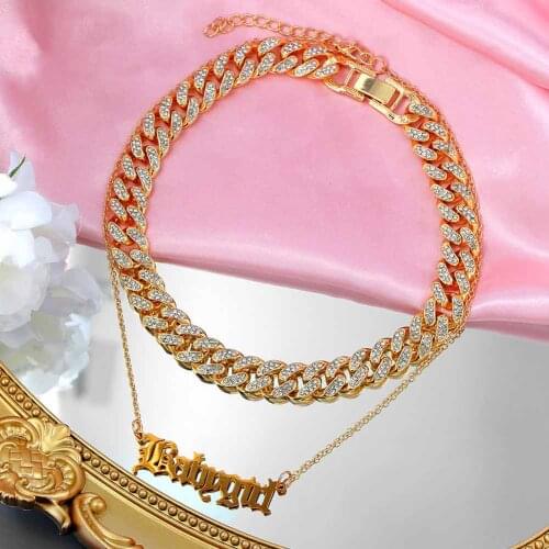 JUST FEEL Multi layer Metal Babygirl Letter Pendant Necklace for Women Luxury Crystal Chunky Cuban Choker Necklace Jewelry Gift