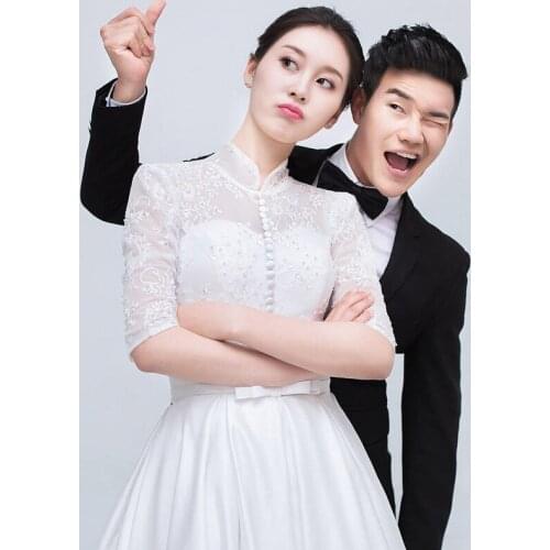 LAMYA Retro High Neck Bride Wedding Dress Plus Size Slim Half Sleeve Satin Lace Bubble Ball Gown Bride Gowns Vestidos De Novia