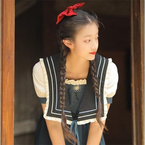 2021 Summer New Vintage Girl Sailor Collar Niche French Dress Women Fashion Embroidery Short Sleeve High Waist A Line Dress