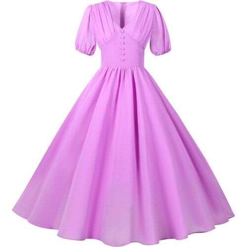 2021 Lavender Ruched V-Neck Buttons Pleated Midi Chiffon Dresses for Women Elegant Party High Waist Vintage Long Dress 50s 60s