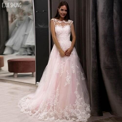 E JUE SHUNG Modest Long Tulle Wedding Dresses A Line O Neck Lace Appliques Blush Pink Formal Bridal Dresses Vestidos De Novia