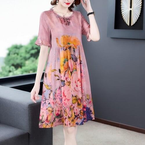 2021 Summer High Quality Pink Print Mulberry Silk Dress Vintage 4XL Plus Size Runway Midi Dresses Elegant Women Bodycon Vestidos