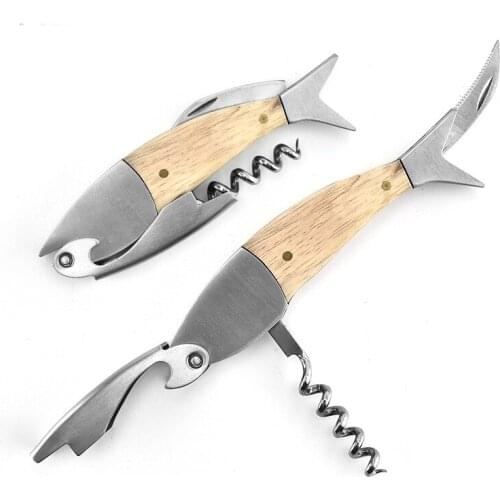 2pcs/lot Fish Shaped Stainless Steel Multi-function Wine Opener Solid Wood Wine Screw Corkscrew Beer Bottle Openers Bar Tools