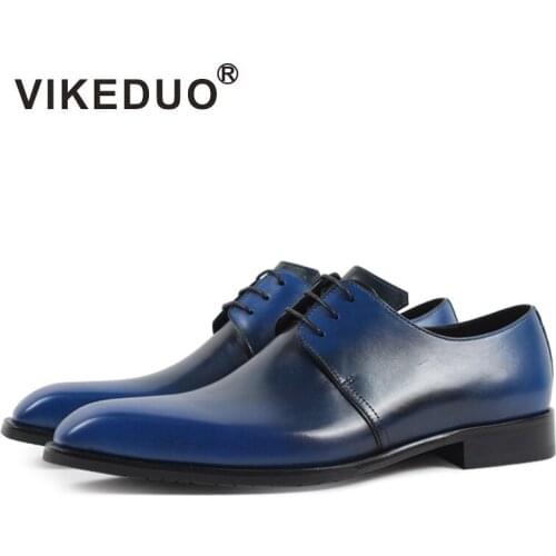2021 Vikeduo Vintage Custom Made Mens Derby Shoes Handmade 100% Genuine Cow Leather Blue Party Dress Wedding Original Design
