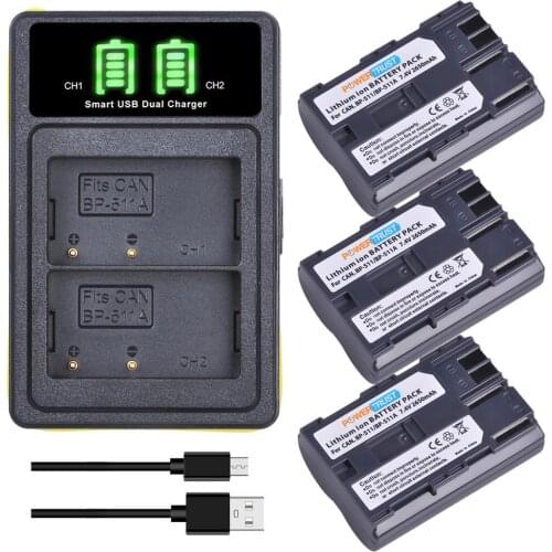 PowerTrust 2650mAh BP-511 BP-511A BP 511 battery+New LED USB Dual Charger with Type C port for Canon EOS 40D 300D 5D 20D 30D 50D