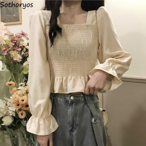 Blouses Women Square Collar Flare Sleeve Backless Ruffles Retro Fashion Stretchy Solid Sweet Lovely Casual Corduroy Shirts Soft