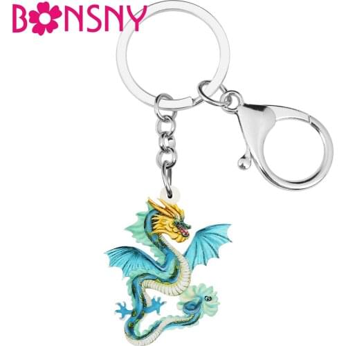 BONSNY Acrylic Cute Blue Dragon Chinese Long Wings Keychains Ring Fashion Key Chain Charms Jewelry For Women Girl Teens Gifts
