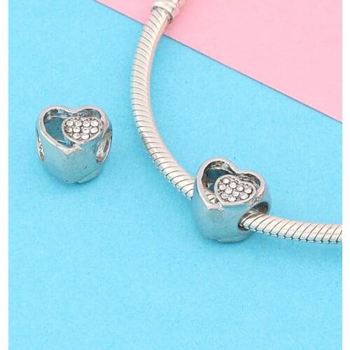 Leabyl Romantic Double Crystal Heart Beads Charms fit Bracelets & Bangle Silver Color Romantic Love Lovers Beads for DIY Jewelry