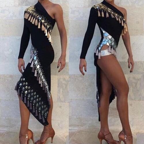 Black Latin dance dress unilateral long-sleeved Rumba ChaCha dance dress ballroom standard dance competition dress