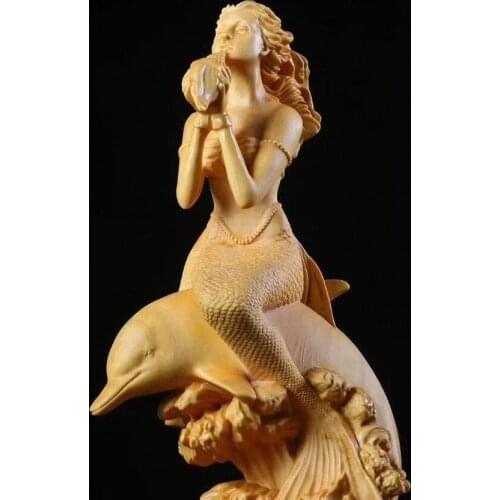 18cm Wood Mermaid Living Room Decoration Beauty Figure Statue Crafts Office Boxwood Lucky Sculpture Mermaid Home Decor