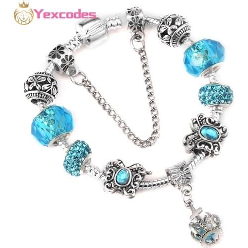 BRACE CODE Silver Plated Snake Bone Chain Blue Beautiful Women Bracelet, DIY Crown Pendant Fine Womens Bracelets Gifts