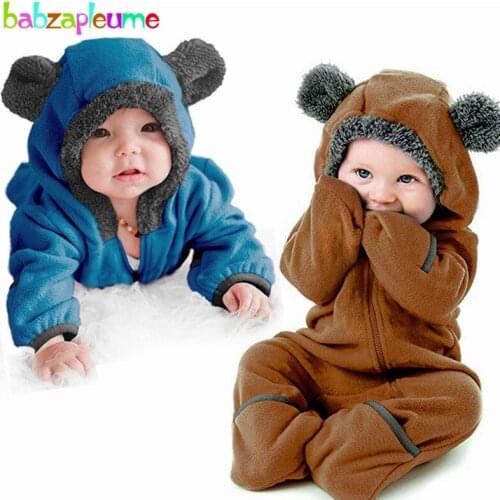 Babzapleume 2020 Fall Winter New born Baby Clothes Cartoon Cute Hooded Fleece Warm Toddler Jumpsuit Girls Boys Rompers BC1575-1