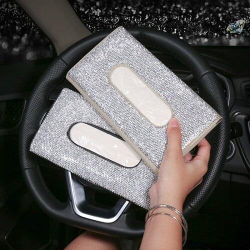 Diamond Car Visor Tissue Holder Hanging Leather Crystals Rhinestone Paper Towel Cover Case for Women Car Accessories WF1017