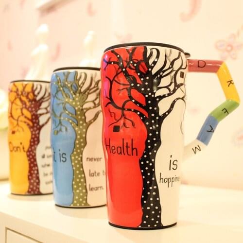 Thousand degree painted ceramic cup large capacity creative mug with cover and spoon lovers tea cup fashion coffee cup