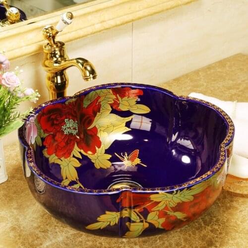 Flower Shape Europe style chinese Jingdezhen Art ceramic bathroom sink painted counter top art hand wash basin