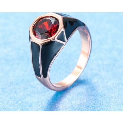 Big Round Red Zircon Rose Gold Color Rings for Men Vintage Fashion Black Enamel Ring Women Wedding Party Jewelry Birthstone Gift