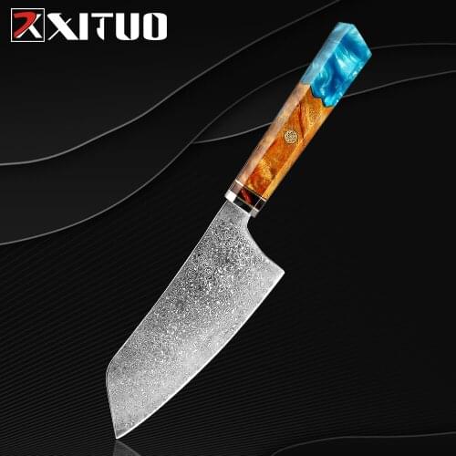 XITUO Kitchen Knives Damascus Steel VG10 Chef Knife Slicing Cleaver Paring Knife Blue Resin Stable Wood Octagonal Handle Cooking