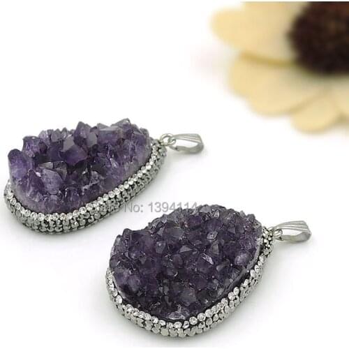 Natural Purple Quartz Crystal Cluster Pave CZ Drop Pendants Of Plating Platina Approx 20-25*35-45 mm