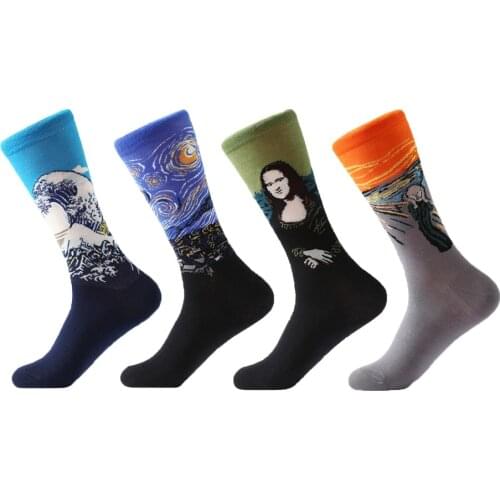 MYORED 4pairs/Lot new oil painting socks combed cotton casual men women crew socks male female student novelty gift sock factory